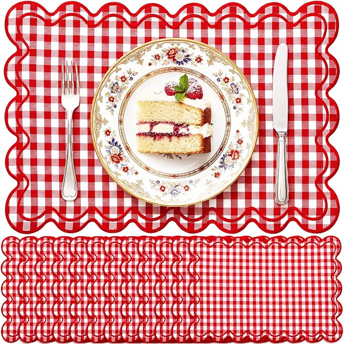 Linen Placemats Set of 12 Scalloped Placemat 13 X19 Wavy Embroidery Double Layered Washable Farmhouse Dinner Fabric Table Mat Napkin for Wedding Party Restaurant(Plaid,Red and White)