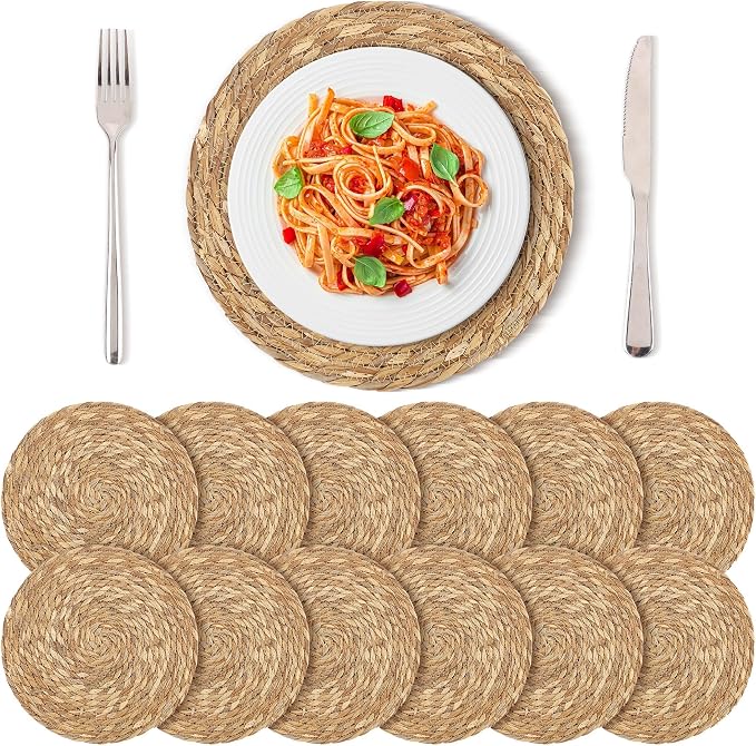 Kochorie Set of 12 Round Woven Placemats 12 Inches Bulrush Placemats Natural Hand-Woven Boho Rattan Placemats Wicker Table Mats Farmhouse Weave Place Mats for Home Dining Table