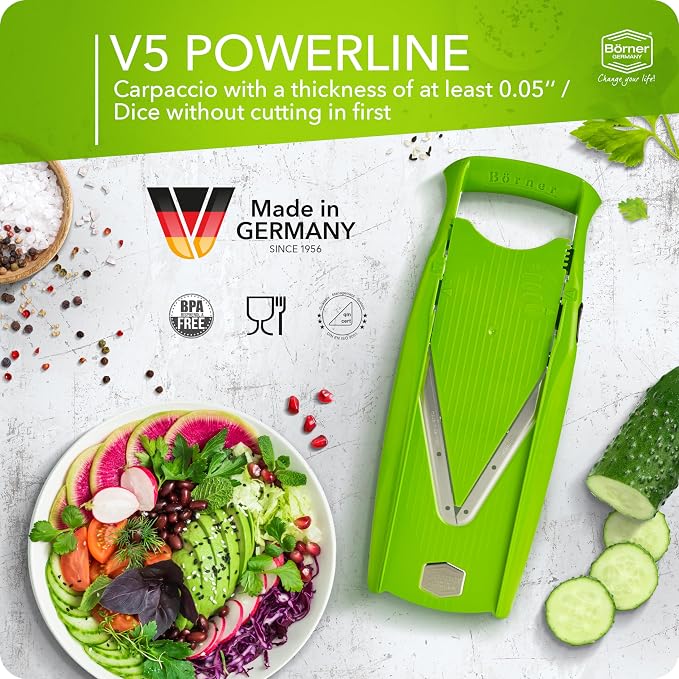 Börner Mandoline Slicer V5 (Starter Set) • Vegetable V-Slicer for Slices, Sticks & Dices in Various Sizes • With Stainless Steel V-Blade • Adjustable Kitchen Slicer • Color: Green
