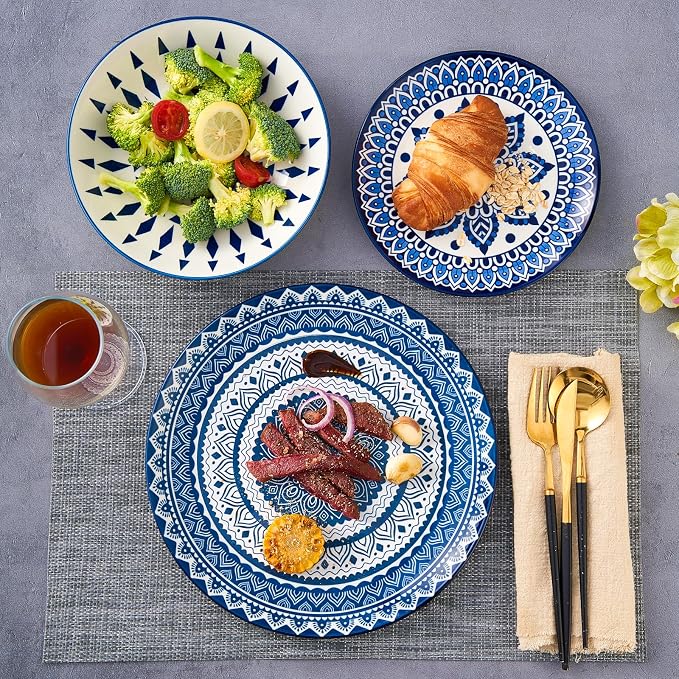 Bestone Porcelain Dinnerware Sets Service for 4, 12 pcs Hand drawn Plates and Bowls Sets, Handmade Ceramic Dish Set, Chip Resistant Modern Plate Set, Dishwasher/Microwave Safe，Vintage Blue