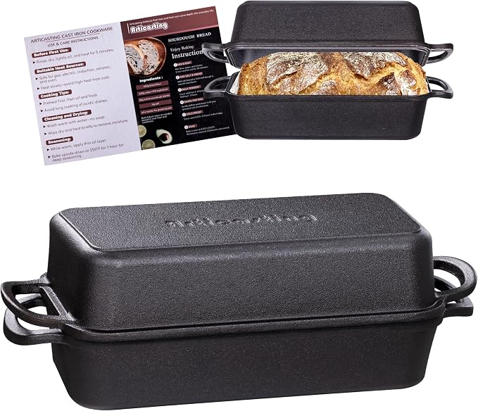Cast Iron Loaf Pan with Lid, 11x5 Inch 5.8 Qt Pre-Seasoned Pan | Large Heavy-Duty Cast Iron Loaf Pan with Lid for Sourdough Bread, 11x5 Inch 5.8 Qt, 2-In-1 Design, Even Heat Distribution