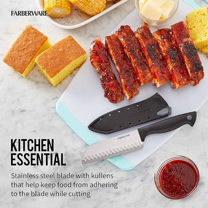 Farberware EdgeKeeper 5 Inch Santoku Knife with Self-Sharpening Blade Cover, High-Carbon Stainless Steel Blade with Oval Indentations, Ergonomic Handle