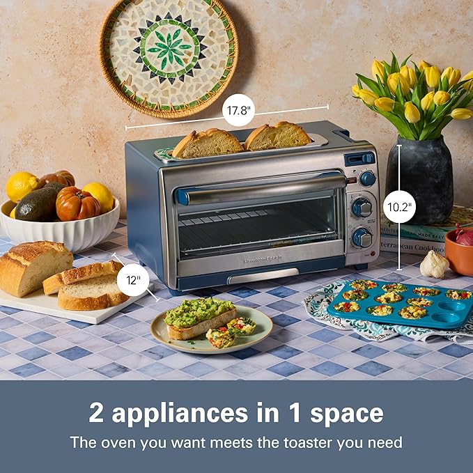 Hamilton Beach 2-in-1 Countertop Toaster Oven and Long Slot 2 Slice Toaster | Bake, Broil Toast | 2 Rack Positions | 60 Minute Timer | Automatic Shut Off | Shade Selector | Kitchen Makeover Blue | 31158J
