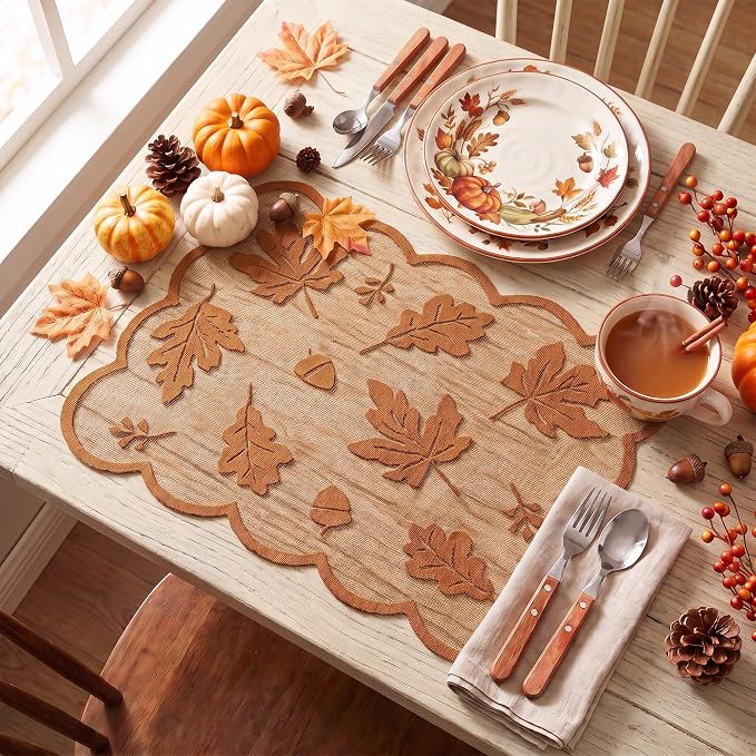 Artoid Mode Rust Maple Leaves Lace Fall Placemats Set of 2, 11x17 Inch Table Mats for Thanksgiving Party Dining Table Decoration