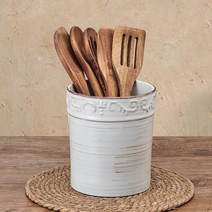 Pfaltzgraff Trellis Utensil Crock, 7x6 inch, White