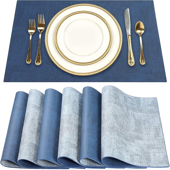 Leather Placemats Table Mats Set of 6, Navy Blue & Light Blue | Reversible Non-Slip Table Placemats, Heat-Resistant and Waterproof for Dining Kitchen and Holiday Parties
