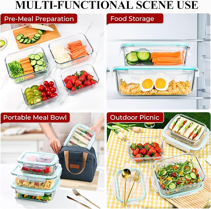 LOVYANXUE 78oz & 36oz 4 Pack Large Glass Food Storage Containers with Lids, Leakproof Glass Storage Containers for Food Serving/Baking/Storing, Meal Prep Container, BPA Free, Microwave/Oven Safe