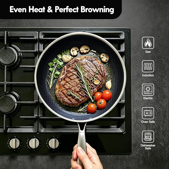 BRASA Nonstick Frying Pan 7.87-inch,Tri-Ply Stainless Steel Skillet,Honeycomb Ceramic Coating, Induction & All Cooktop Compatible,Dishwasher safe (PFOS, PFOA Free) 7.87 in
