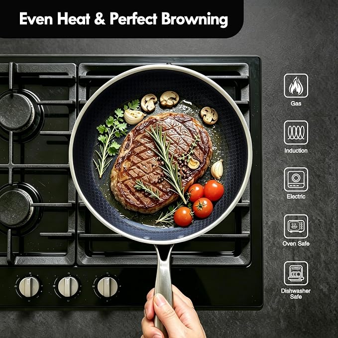 BRASA Nonstick Frying Pan 11.02-inch,Tri-Ply Stainless Steel Skillet,Honeycomb Ceramic Coating, Induction & All Cooktop Compatible,Dishwasher safe (PFOS, PFOA Free) 11.02 in