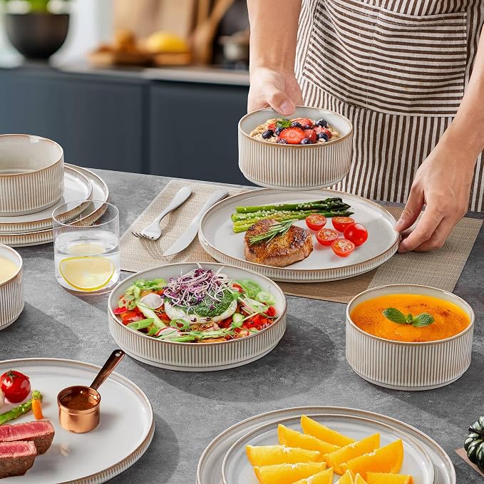 LIANYU 24 Piece Stoneware Plates and Bowls Dishes Set for 6, Dinnerware Sets with Pasta Bowls, Ribbed Dining Ware Dishware for Home Wedding, Microwave and Dishwasher Safe, Dawn Beige