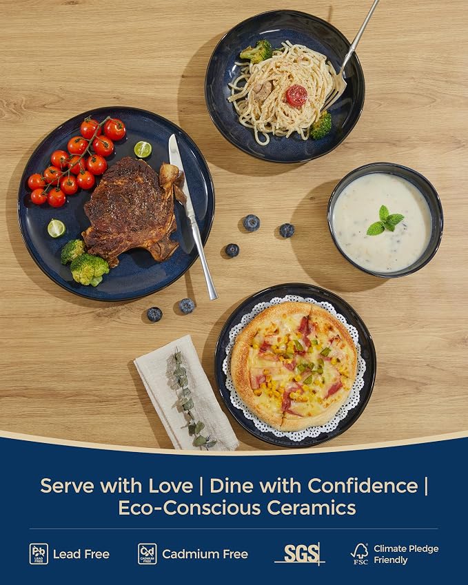 Plates and Bowls Sets, 16 Pieces Dinnerware Set for 4 with Pasta Bowls, Handmade Dishes Set, Chip Resistant Dishware Sets, Microwave Safe Dinner Set, Designed for Interactive Meals, Starry Blue