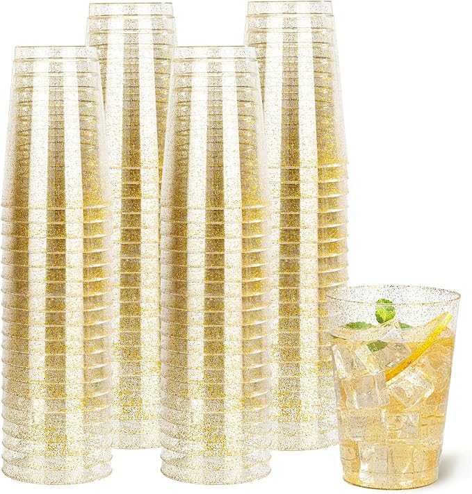 I00000 50 Pack 12 oz Gold Glitter Plastic Cups, Clear Disposable Cups, Disposable Plastic Wine Glasses Cocktail Glasses Premium Cups, 12 Ounce Glitter Tumblers for Party & Wedding