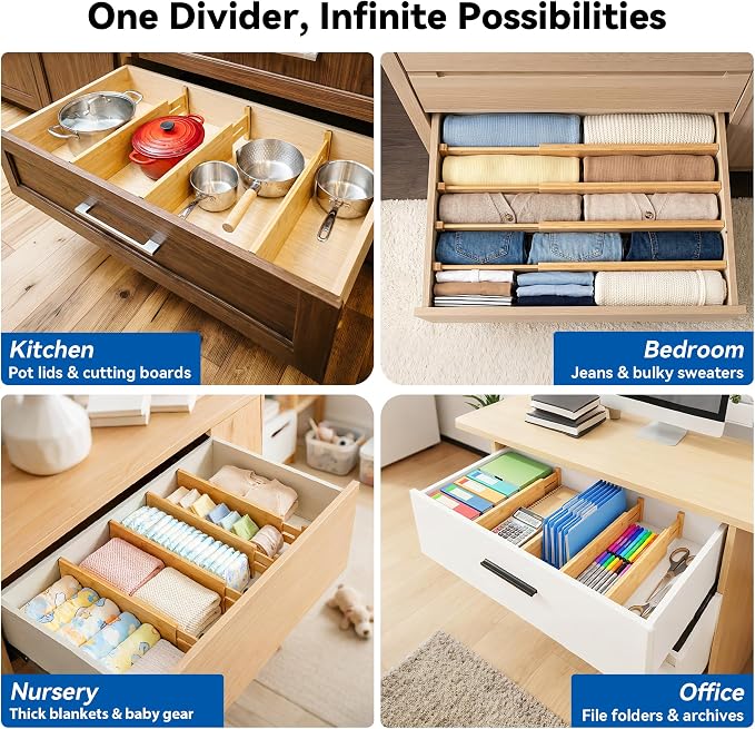 4 Pack 6" Deep Bamboo Drawer Dividers, 17-22" Expandable Kitchen Organizers | Adjustable Spring-Loaded Tension Separators with Foam Pad for Clothes, Utensils, Kitchen, Dresser, Nursery & Bathroom