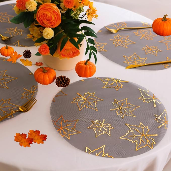 Snowkingdom 24 Pcs Fall Placemats, Black Gold Metallic Maple Leaves Thanksgiving Decoration, 13 inch Round Disposable Placemats, Golden Charger Kitchen Dining Table Mats for Autumn Harvest Party Decor