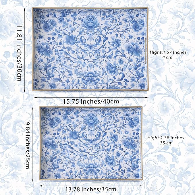 Serving Tray with Handles, 2 Pack Rectangular Plastic Tray 15.75x11.81 Inch, Blue and White Peony Chinese Porcelain Style Decorative Tray for Kitchen, Dining Table, Vanity, Office & Home