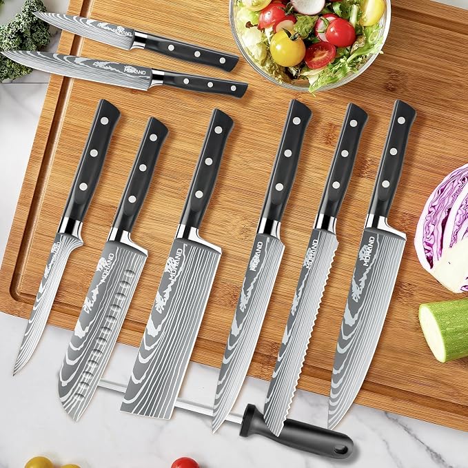 Chef Knife Set with Roll Bag, Professional Knife Set with Sharpener | High Carbon Stainless Steel 9PCS Kitchen Knife Set, Forged Triple Rivet Handle, Kitchen & Home Cooking, Dishwasher Safe Black