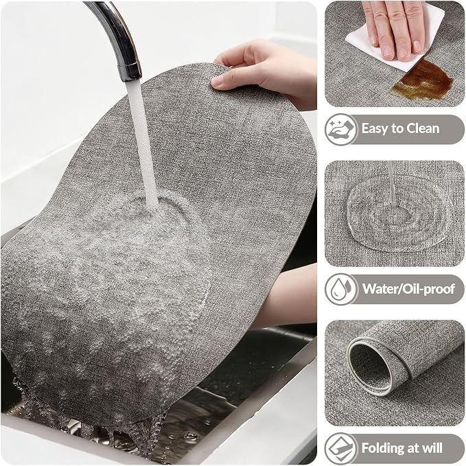 Placemats Set of 4, 11.8 x 17 Inch, Light Grey | Heat Resistant Oval Faux Leather Place Mats, Waterproof Wipeable Reversible PU Placemat, Indoor & Outdoor