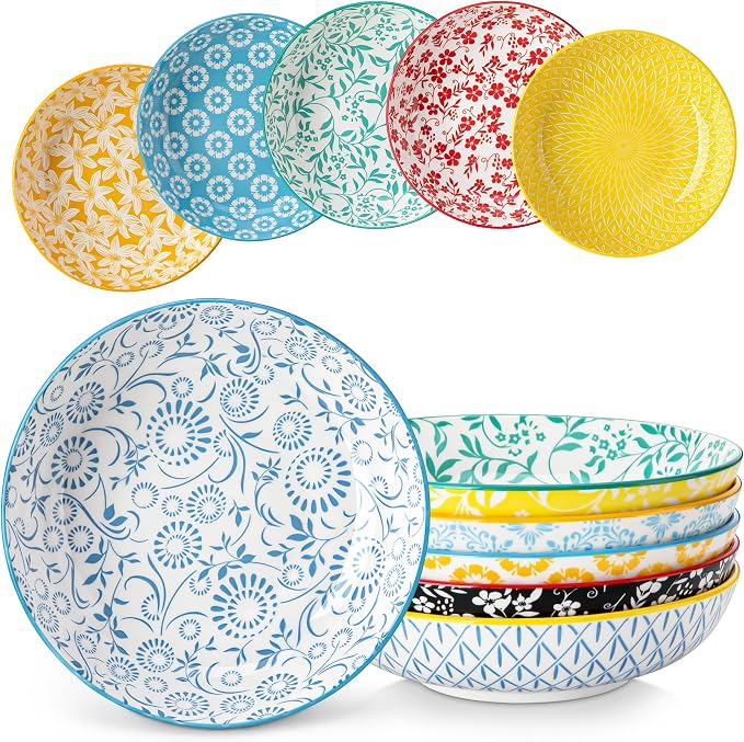 vancasso 8.5" Pasta Bowls Set of 6, 40 oz Porcelain Shallow Salad Bowls, Serving Bowls Large Kitchen Bowl Plates Pasta Dishes Plates, Colorful Floral Design, Microwave Safe, Series SELENE