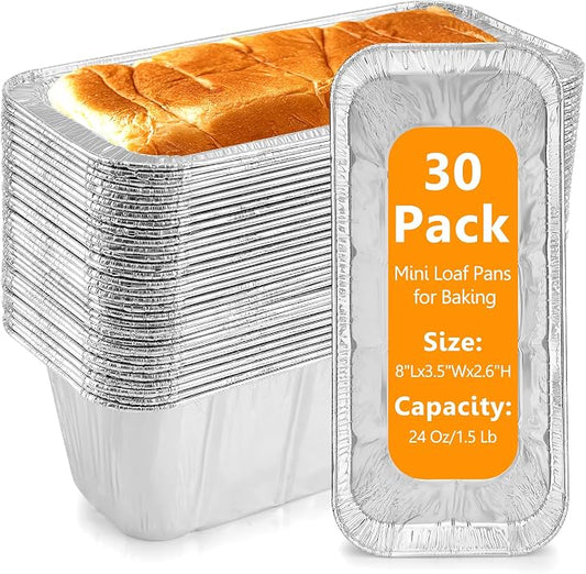 Mini Loaf Pans 1Lb 30-Pack,Aluminum Foil Heavy Duty Disposable Bread Baking Pan Bread Tins for Baking Cakes, Breads,Meatloafs Size-8"x 3.5" x 2.5" (30 Packs)