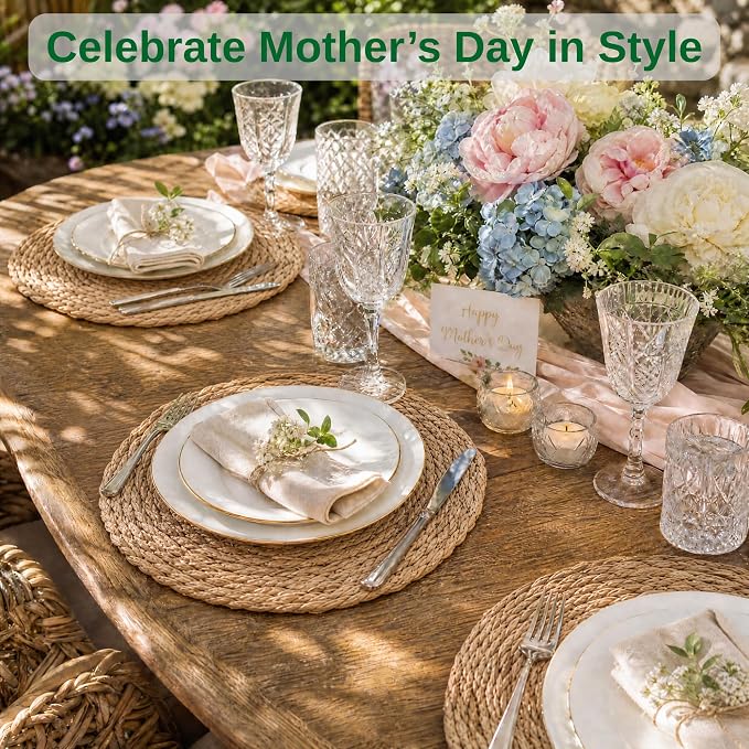 13.8'' Round Woven Placemats Set of 6, Boho Wicker Chargers, Terrekraft | Handmade from Natural Water Hyacinth, Heat-resistant & Non-slip Rattan Chargers, Rustic Farmhouse Decor, Party & Daily Dining
