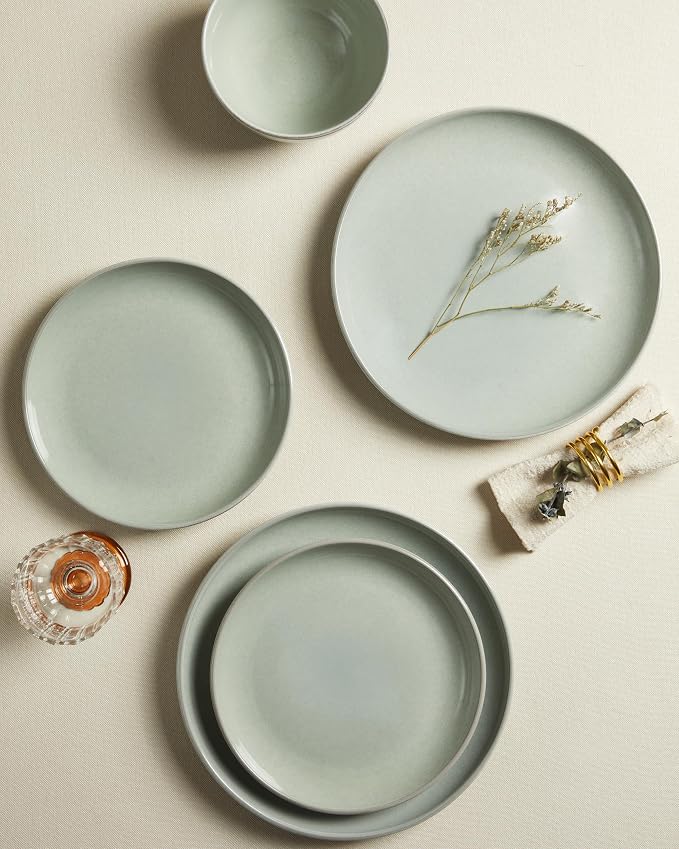 18 Piece Dinnerware Set for 6, Reactive Glaze Terracotta Plates and Bowls Set, Large Family-Sized Stoneware Dish Set for Gatherings, Chip and Scratch Resistant, Slate Green