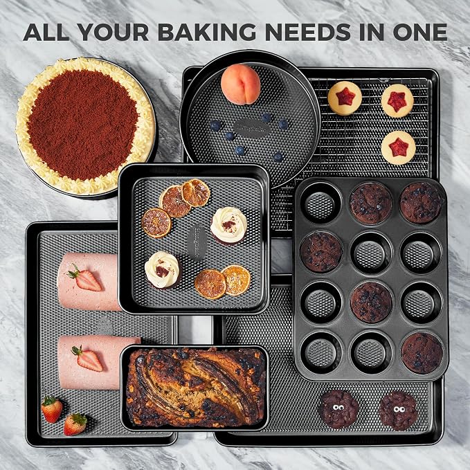 9-Piece Baking Pans Set Nonstick, Stackable Non Toxic Bakeware Sets with Diamond Texture, Oven Pan Set for Cooking, Includes Cookie Sheet with Rack, Cake Pan, Roasting Pan, Muffin Tin, Gray