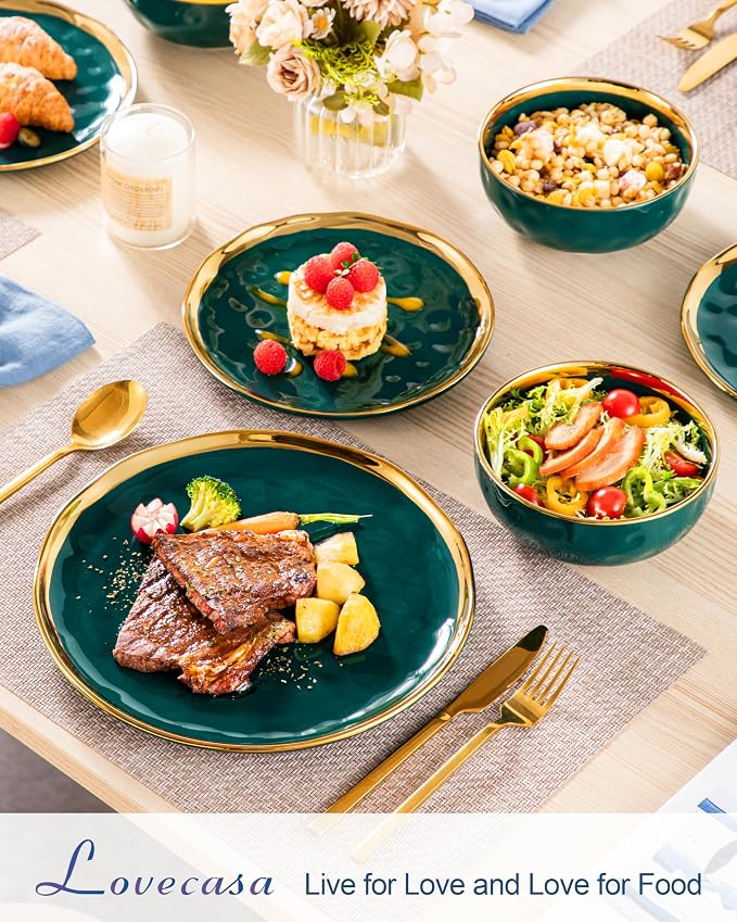 LOVECASA 12 Pieces Plates and Bowls Sets, Porcelain Green and Gold Dinnerware Sets, Round Dinner Plates Dishes Set Service for 4, Dishwasher Safe and Scratch Resistant, Green