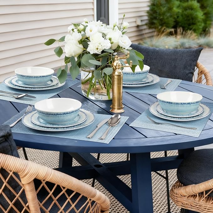 Melamine Dinnerware Set of 12 Pcs Dinner Dishes Set with 4 Placemats for Indoor and Outdoor Use, Dishwasher Safe, Lightweight Unbreakable, BPA Free, Light Blue