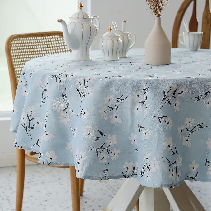 Pastoral Round Tablecloth - 60 Inch Dia. - Linen Fabric Table Cloth - Washable Table Cover with Dust-Proof Wrinkle Resistant for Restaurant, Picnic, Indoor and Outdoor Dining, Floral (Light Blue)