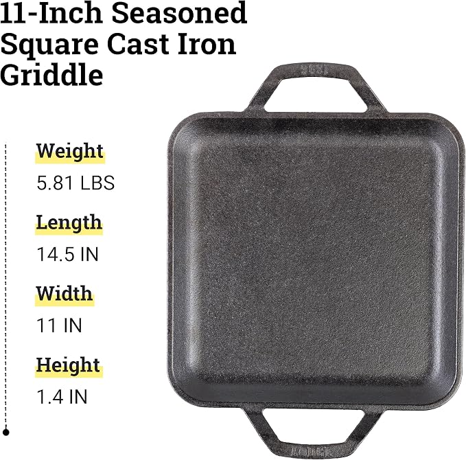 Lodge 11" Cast Iron Square Griddle - Chef Collection - For Indoor & Outdoor Cooking - Superior Heat Retention - Durable Cast Iron - Seasoned Kitchen Griddle