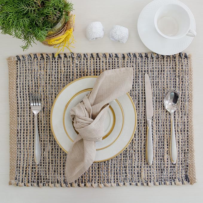 Natural Jute & Grey Placemats, Set of 4 – Rustic Handmade Boho Table Mats, 13x19 Inch Dining Table Placemats for Kitchen, Everyday Meals, Holidays, Farmhouse or Modern Table Décor