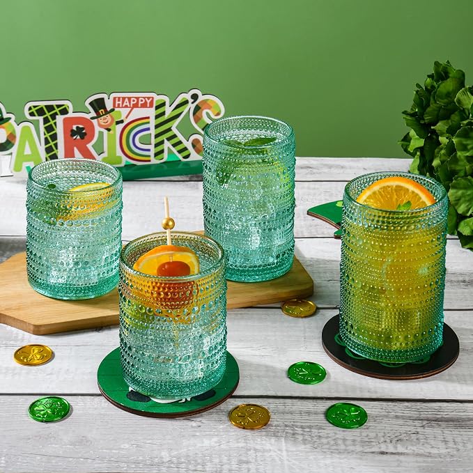KMIGRUAN Hobnail Drinking Glasses Set of 12, 15Oz & 12Oz Cocktail Glasses | Light Green Boho Highball Glasses, Embossed Beaded Water Glass Cups for Juice and Various Mixed Drinks, Kitchen Bar Tumbler