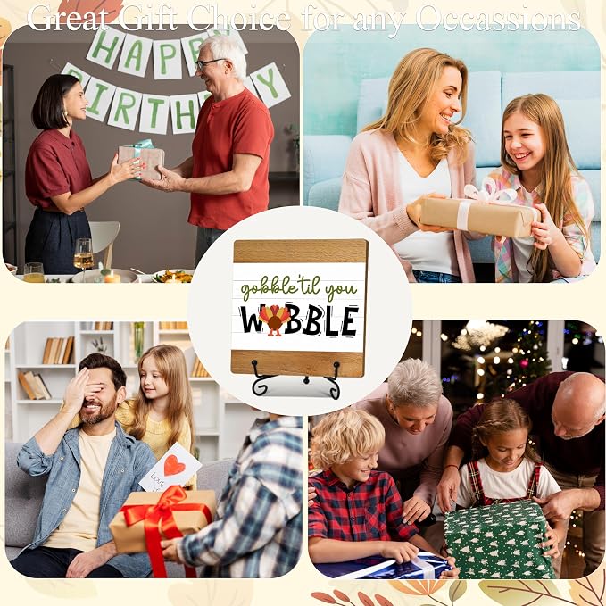 Fall Home Decor Indoor, Gobble Til You Wobble Thanksgiving Table Decor | 5"x5" Wood Plaque Gifts with Stand for Farmhouse Living Room Bathroom Kitchen Decoration - A08