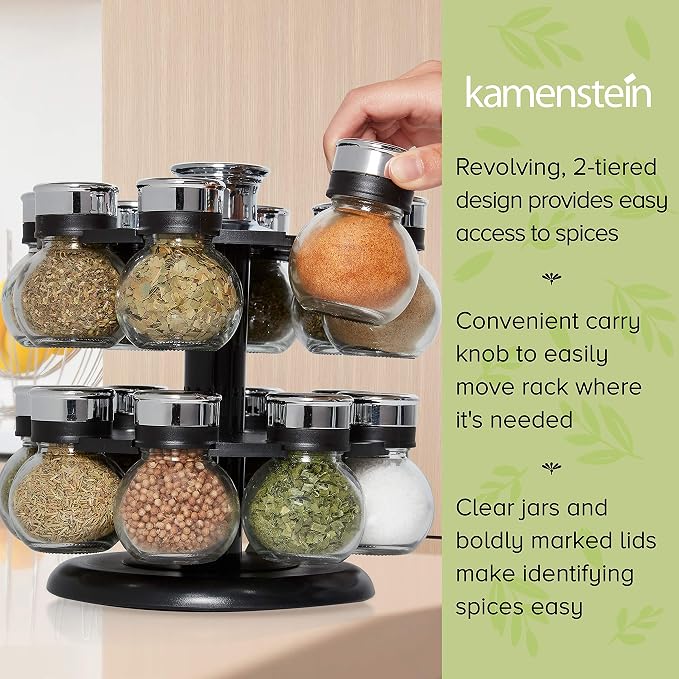Kamenstein 16 Jar Ellington Revolving Countertop Spice Rack with Lift & Pour Caps and Spices Included, FREE Spice Refills for 5 Years: Black and Chrome