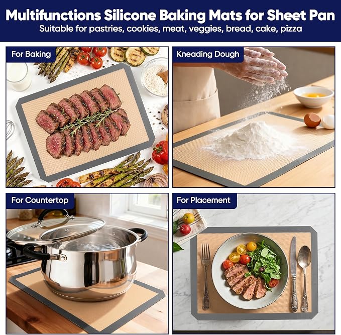E-far Silicone Baking Mats, 11.5x8.7” Nonstick Reusable Silicone Mat for Kitchen Oven Baking Cookie Bread Pastry, 2Pcs Food Grade Rectangle Silicon Baking Sheet, Heat-Resistant & Easy Clean, Gray