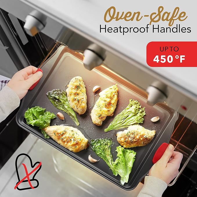 Eatex Nonstick Baking Sheet Set, 3-Piece Baking Pans Set with Silicone Handles, Carbon Steel Cookie Sheets for Baking, Commercial Grade Quality Oven Tray, Quarter/Jelly Roll/Half Sheet Pans for Baking