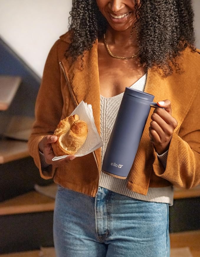 Ello Magnet 18oz Insulated Stainless Steel Travel Mug with Handle, Shadow | Leakproof coffee tumbler with side handle and cork coaster. BPA-free, keeps drinks hot for 5 hours, great for coffee and tea.