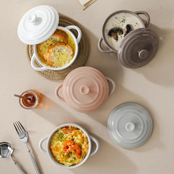 MALACASA 12 OZ Small Casserole Dishes for Oven, Mini Cocotte Set of 4 | Ramekins with Lids and Handles, Ceramic Mini Dutch Oven Set of 4, Single Serving, Oven, Dishwasher Safe, Multicolor