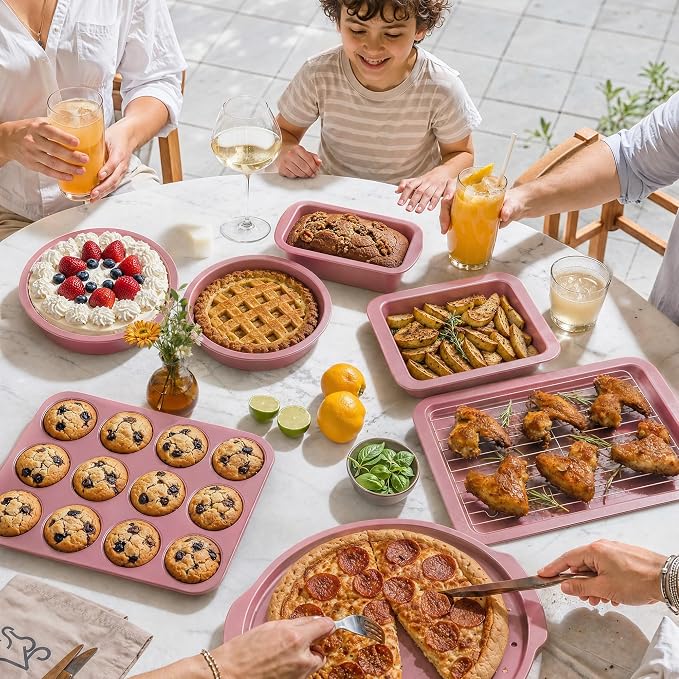 Bakeware Sets, Baking Pans Set, Nonstick Oven Pan for Kitchen with Wider Grips, 10-Piece Including Rack, Cookie Sheet, Cake Pans, Loaf Pan, Muffin Pan, Pizza Pan - Pink