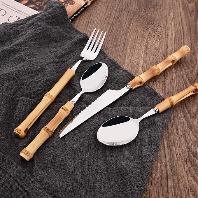 50PCS Silverware Set for 10, Bamboo Handle Flatware Set, Stainless Steel Cutlery Set for Home Restaurant and Party, Bamboo Forks Spoons and Knives Set, Polished Tableware