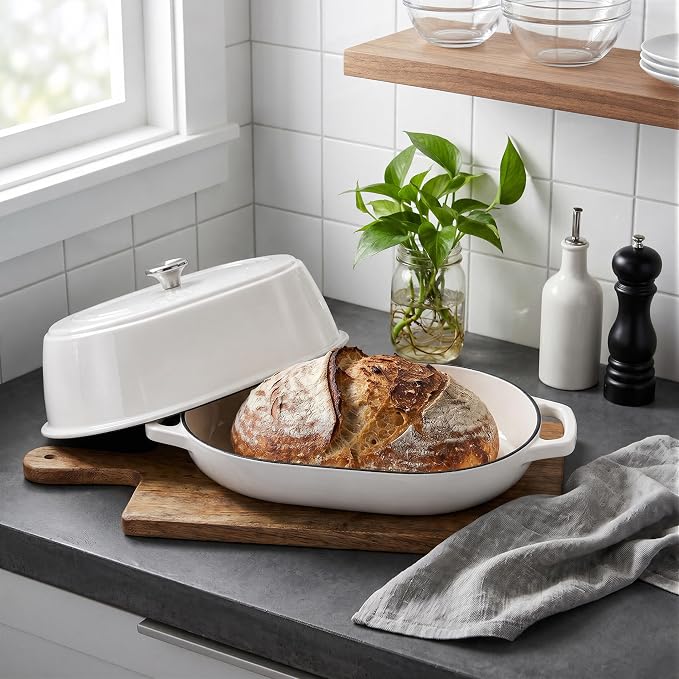 Enameled Cast Iron Dutch Oven Pot with Dome Lid, Oval Bread Oven for Homemade Sourdough Bread Baking, Oven Safe up to 500°F, 6 Quart, White