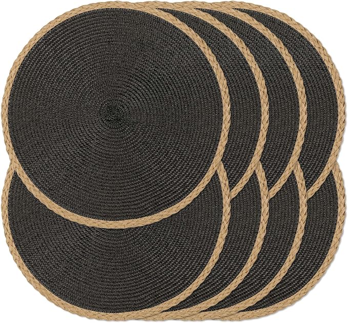 Round Placemats Set of 8, Woven Table Mats, Thin Edge, Black | Braided Paper Edge, 15 Inch Diameter, Fits Dinner Plate and Flatware, Wipeable, Heat Resistant, Indoor Dining, Outdoor Patio