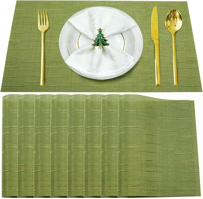 Green Vinyl Placemats Set of 8,Washable Dining PVC Table Mats | Heat resistant, stain resistant non slip vinyl place mats, washable green table placemats for dining table