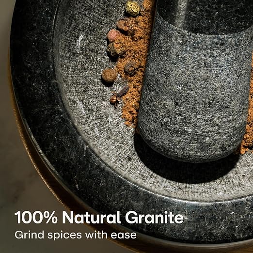 Praknu Mortar and Pestle Set Small - Heavy-Duty 1 Cup Stone Grinder for Spices & Herbs - Durable Granite Molcajete - Guacamole Bowl with Non-Slip Wooden Base - Effortless Grinding & Easy to Clean