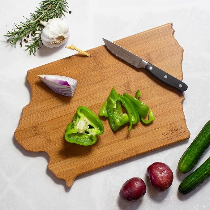 Totally Bamboo Iowa State Shaped Cutting Board, Summer Stokes Art | State charcuterie board with colorful hand-drawn landscape art. Smooth reverse side for food prep. Hang tie for wall display.