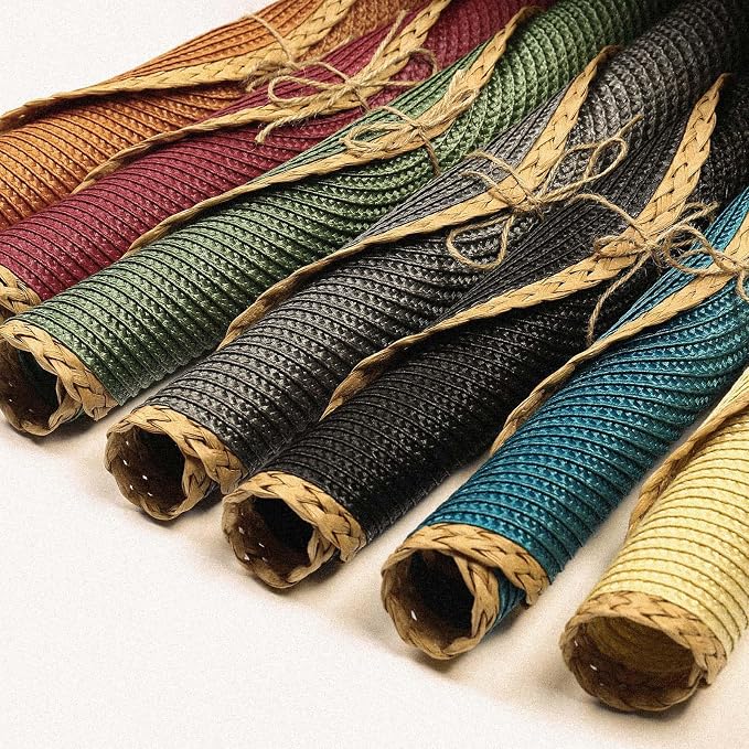 Round Placemats Set of 6, Woven Table Mats, Thin Edge, Black | Braided Paper Edge, 15 Inch Diameter, Fits Dinner Plate and Flatware, Wipeable, Heat Resistant, Indoor Dining, Outdoor Patio