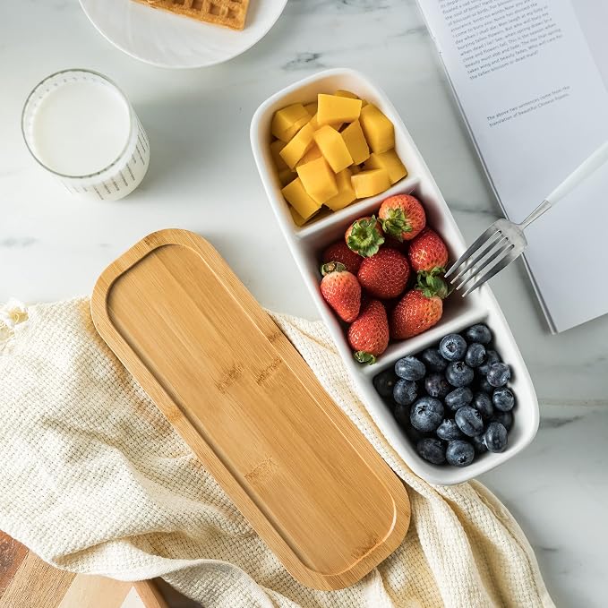 Miamolo Condiment Bowls Divided Serving Tray, Chip and Dip Bowl for Party | Ceramic 10-inch, 3 Compartment Tray + Wood Base | for Snacks Appetizer Charcuterie, Microwave Oven Safe, Hosting Essentials