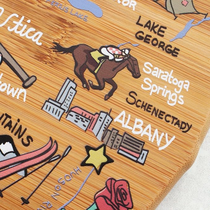 Totally Bamboo New York State Shaped Cutting Board, Art by Fish Kiss | State charcuterie board with colorful hand-drawn map artwork. Smooth reverse side for food prep. Hang tie for wall display.