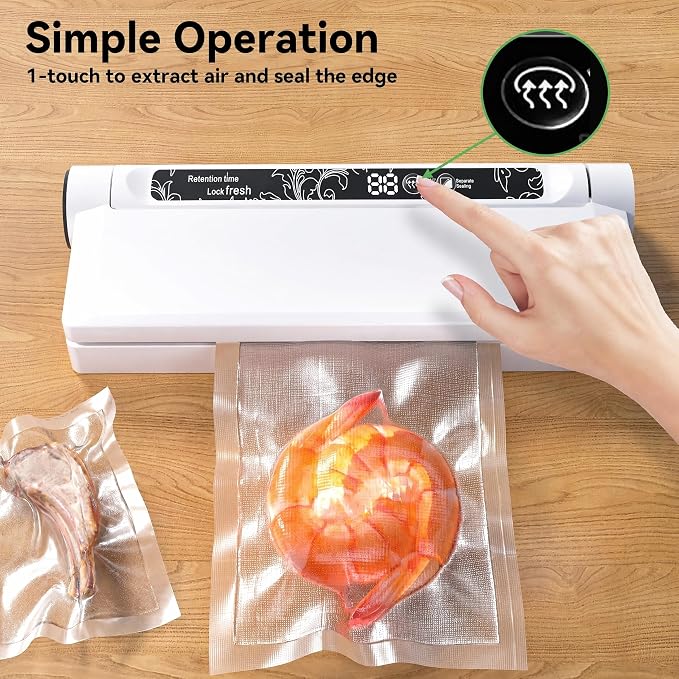 Compact Vacuum Sealer for Food, 75Kpa Food Sealer Machine | 75 Kpa Strong Suction, LED Display, Dual Use for Dry & Wet Foods, with 20 Bags, Ideal for Home Kitchen, White