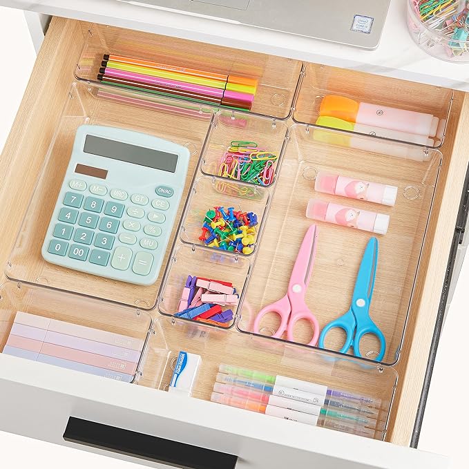 Vtopmart 28 Pack Clear Drawer Organizer Bins, 4 Sizes Storage Trays | Clear Storage Bins for Makeup, Bathroom, Kitchen & Office Drawers, Multi-Size Organizers Keep Toiletries, Tools & Essentials